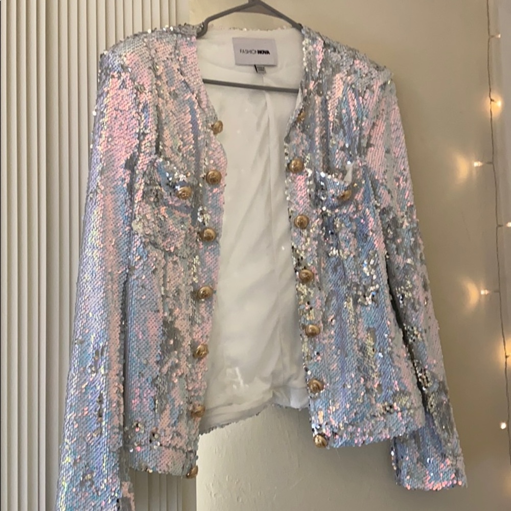 Fashion Nova Iridescent Sequin Blazer Jacket with Gold Buttons